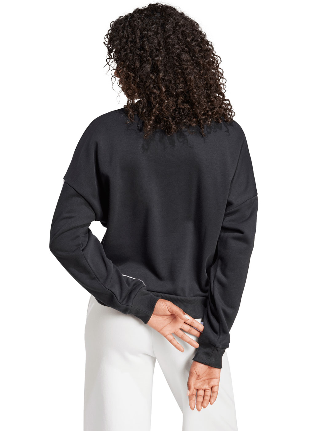 sudadera adidas mujer cuello redondo, negra tres bandas blancas